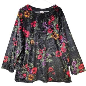Vintage Black Floral Crushed Velvet Long Sleeve‎ Top 2X Whimsigoth Dark Romance